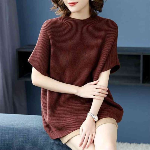 

short-sleeved simple style knitted sweater women loose bat sleeves without decoration ribbed solid jumpers pullover spring 210427, White;black