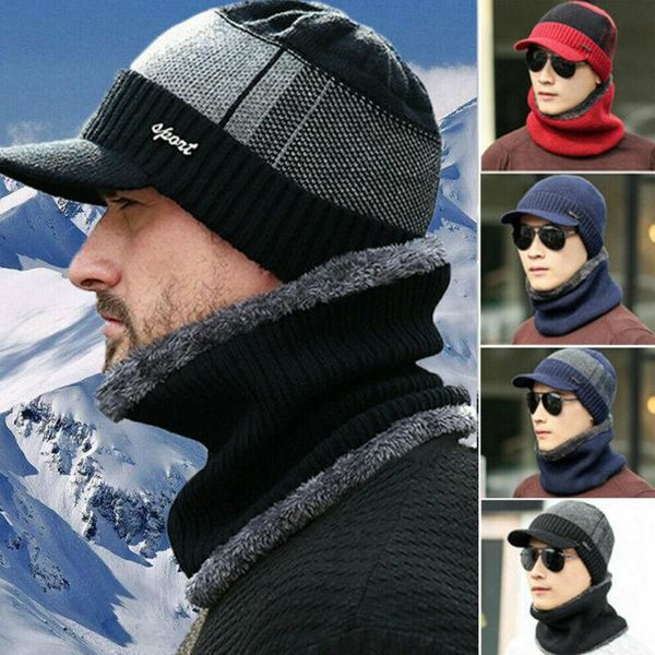 

outdoor hats men sports winter warm hat knit visor beanie fleece lined billed with brim cap, Black;white