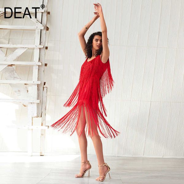 

[deat] summer fashion square collar high waist knee-length tassel sleeveless solid color loose dress women 13c655 210527, Black;gray