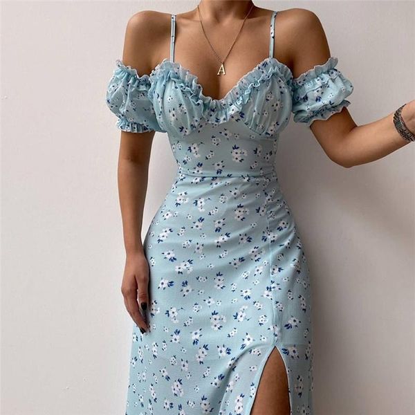 

casual dresses ladies vacation dress floral printing boho summer clothes women off shoulder short sleeve straps ruched split vestidos, Black;gray