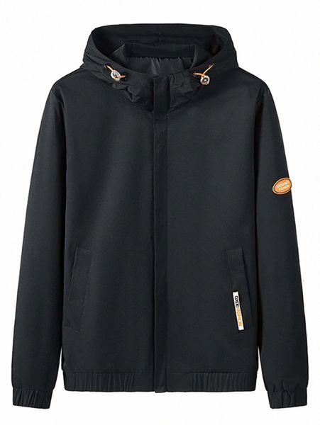 

men zipper pocket patch detail drawstring hooded jacket h54c#, Black;brown