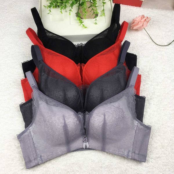 

traceless high grade bra without steel ring small chest gathered lace non slip underwear women's does not fall off the shoulder, Red;black