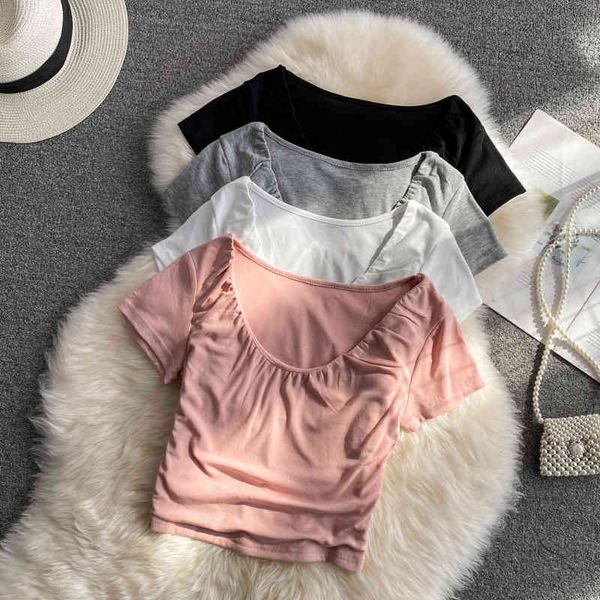 

women's sweaters women basic t-shirt solid folded round collar short sleeve cropped small size high elastic summer clothes kni, White;black