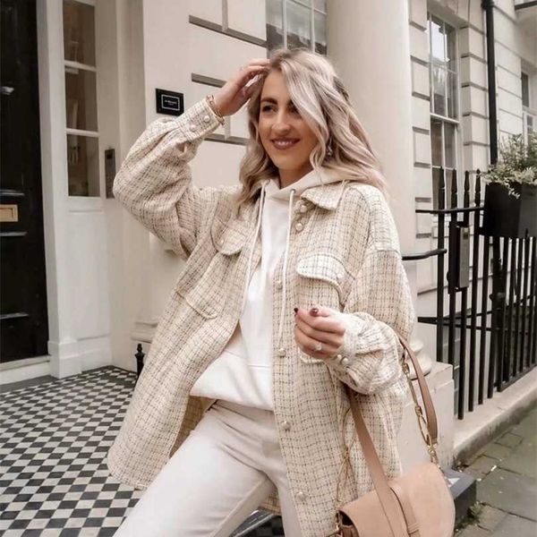 

vintage women polyester pearls fashion ladies thick shirt plaid coat female streetwear elegant girls oversize jacket chic 211014, Black;brown