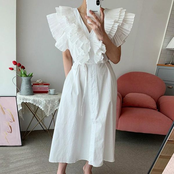 

casual dresses [ewq] 2021 summer elegant v-neck pleated ruffled design white dress korean style is loose and big swing type women maxi, Black;gray