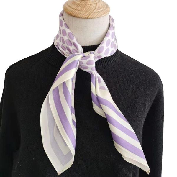 

scarves purple wave point silk satin scarf women printed 100% real 65cm middle square bandana wrap gift for girls lady, Blue;gray