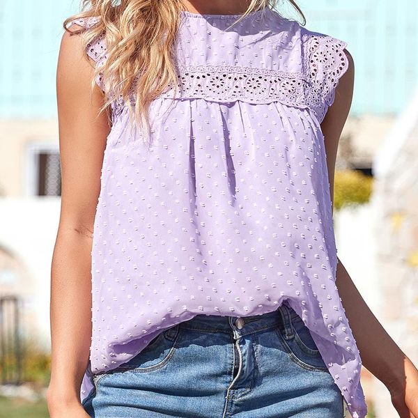 

women's blouses & shirts lilac jacquard chiffon women fashion lace hook flower hollow sleeveless loose summer casual pullover, White