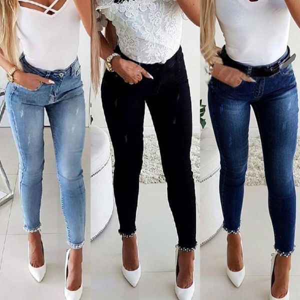 

women's jeans women fashion plus size denim pants bottom design fitness high waist trousers casual bow cuff skinny streetwear, Blue