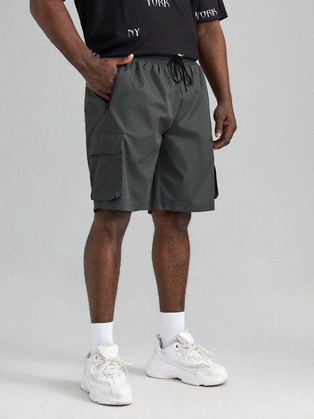 

extended sizes men drawstring waist flap pocket shorts 17t6#, Black