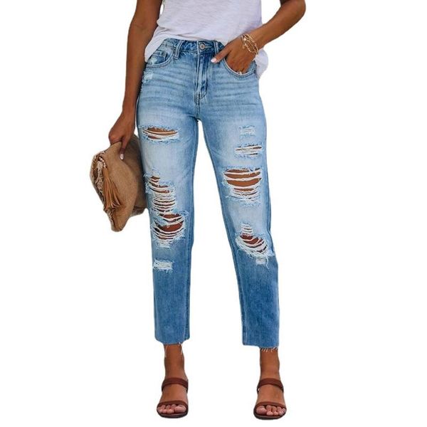 

women's jeans blue hole women straight vintage streetwear denim trousers lady washed ripped ankle length pants female autumn 2021