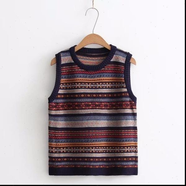 

autumn winter women sweater fashion national wind knitted vest loose striped round neck sleeveless female basic knitwear, White;black