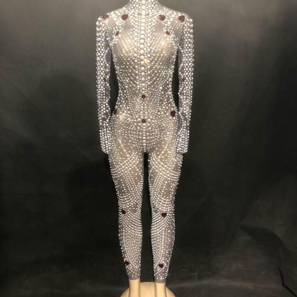 

women's jumpsuits & rompers bling rhinestone jumpsuit sparkling crystal pearl bodysuit nightclub party female singer stage wear women, Black;white