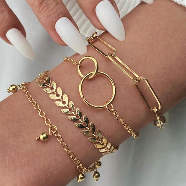

link, chain 4pcs/set vintage circle interlocking fishbone bracelet set for women's punk geometric thick fashion jewelry, Black