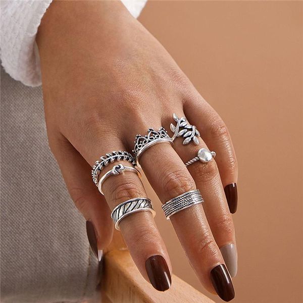 

cluster rings letapi silver color leaf crown for women antique punk knuckle midi set vintage anillos jewelry accessories, Golden;silver