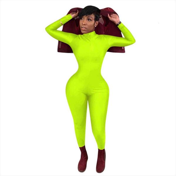 

autumn neon green long sleeve womens rompers zippers stretchy outfits night club party streetwear pink romper bodysuit, Black;white