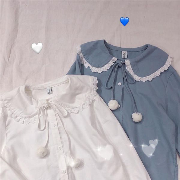 

women's blouses & shirts preppy style kawaii fresh women long sleeve blouse cute peter-pan collar lace under blousa white blue button u