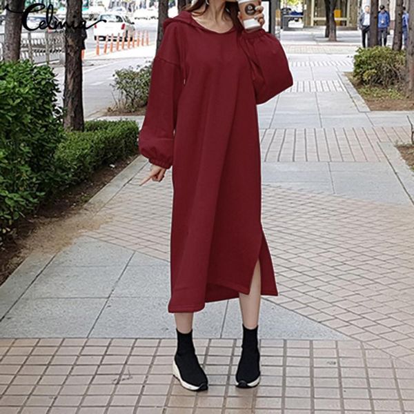 

casual dresses 2021 fashion women long sleeve hooded robe streetwear celmia winter autumn loose solid hoodies dress sweatshirt vestido, Black;gray