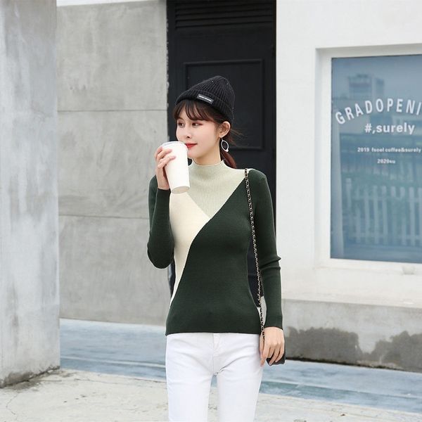 

autumn half turtleneck stitching sweater women's long sleeved slimming bottoming base inner shirt knitted fashion 210520, White;black