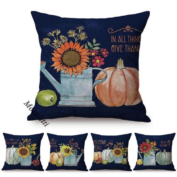 

cushion/decorative pillow navy blue autumn harvest garden decorative sofa case pumpkins sunflower floral season greeting cotton linen cushio