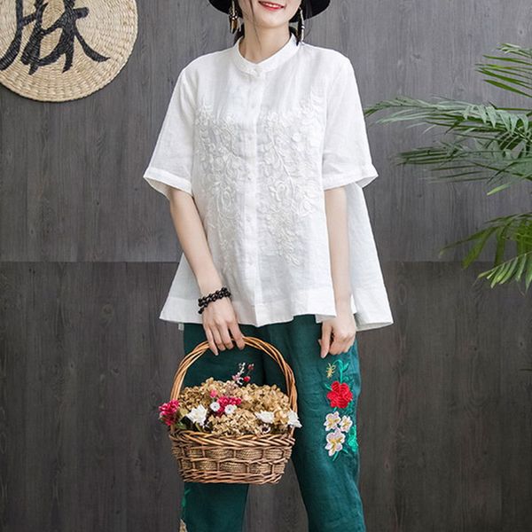 

f&je new summer style women shirt plus size short sleeve loose embroidery cotton linen blouse big ladies femme blusas mgz2, White
