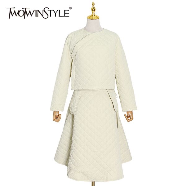 

twotwinstyle elegant black two piece set for women solid high waist midi skirt cotton sets female fashion clothing winter 210517, White