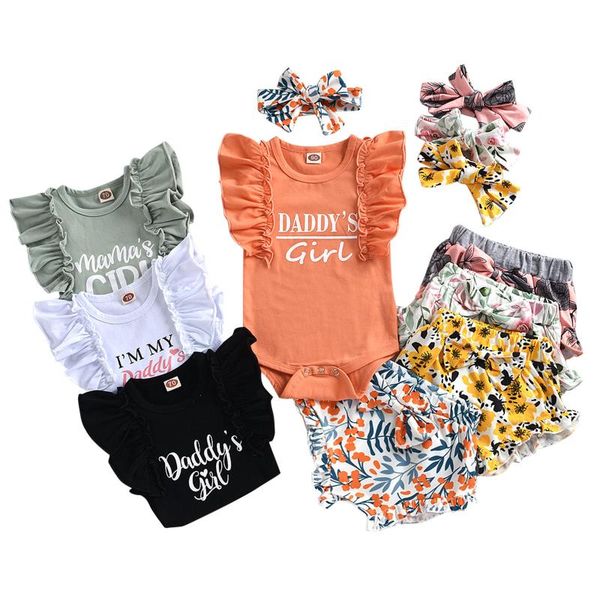 

clothing sets ruffled born baby girl clothes infant girls summer letter romper+floral bow shorts outfits suit, White