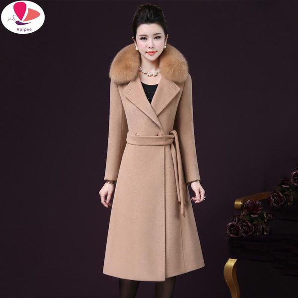 

fashion womens slim coats lady fur collar peacoat winter woolen coat outwear double breasted elegant women's jackets, Black;brown