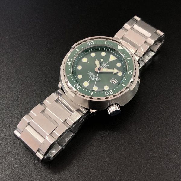 

canned tuna men's diver watch 300m water resistance japan nh35 automatic movement c3 luminous sapphire glass wristwatches, Slivery;brown