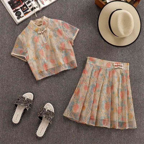 

chinese cheongsam design fashion women's summer floral t-shirt + skirts 2 pcs sets female suits dresses 210519, White