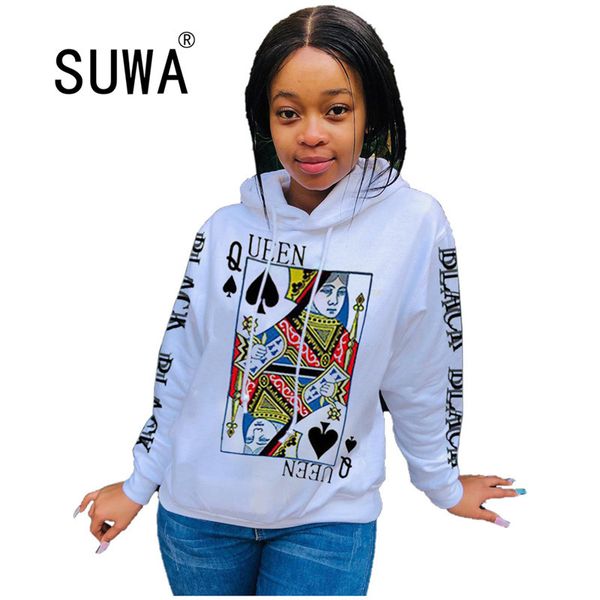 

poker print hoodie sweatshirt women autumn long sleeve female blouses streetwear casual loose coat pullovers tee tracksuit 210525, Black