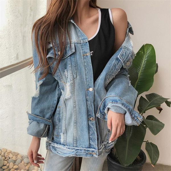 

women's jackets dropshopping denim jacket vintage casual streetwear female loose ripped jean coat spring autumn outerwear bomber, Black;brown