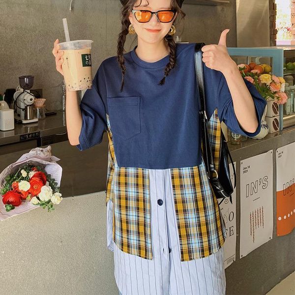 

[ewq] bluesense of design stitching female loose thin section 2021 summer fake two plaid long t-shirt baseball shirt 16f0922 women's, White