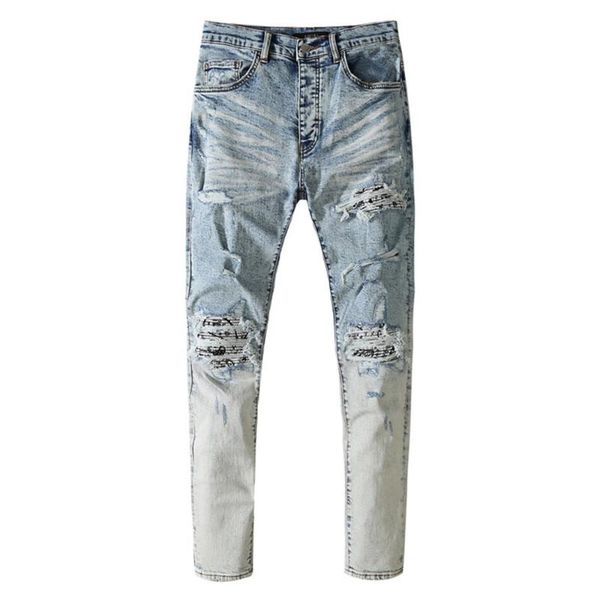 

men's jeans men paisley bandanna printed patch ripped streetwear gradient color patchwork holes stretch denim pencil pants, Blue