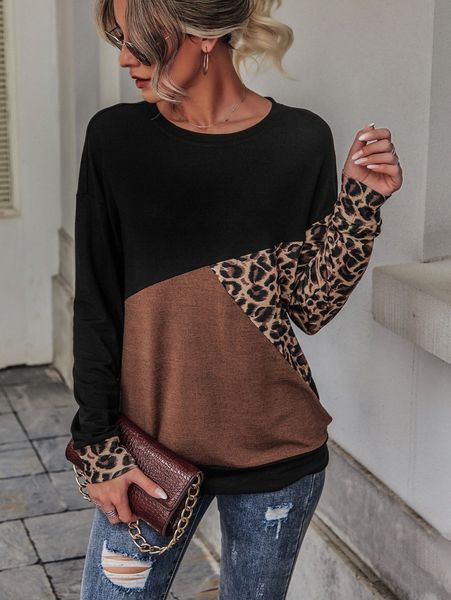 

leopard panel colorblock drop shoulder sweatshirt x7sg#, White;black