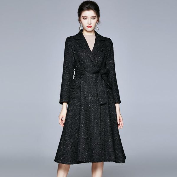 

women's wool & blends 2021 fashion designers women turn down collar winter tweed woolen jackets and coats long blend elegant lady outer, Black