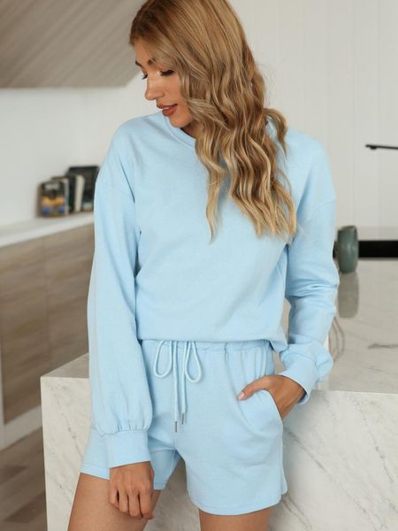 

women's tracksuits woemn autumn casual solid o-neck pullover loose bandage pockets shorts two-piece suit, Gray