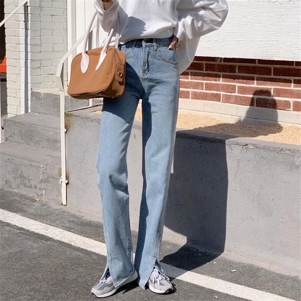 

hzirip all match loose woman casual lady straighthigh waist denim split pants 2021 streetwear korea fashion trousers women's jeans, Blue