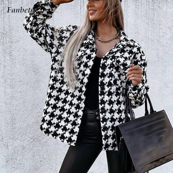 

women's jackets fashion houndstooth pattern chic coats women outwear 2021 autumn winter elegant lapel single breasted long sleeve loose, Black;brown