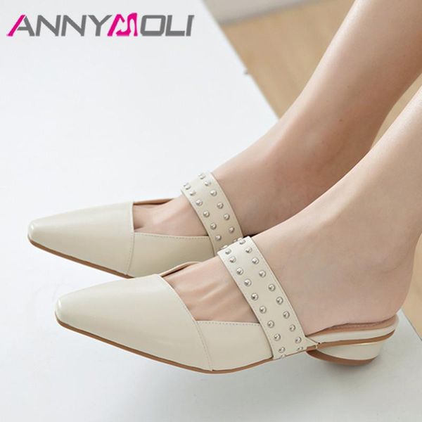 

dress shoes annymoli mules woman pumps natural genuine leather low heels rivet thick heel pointed toe ladies footwear beige 39, Black