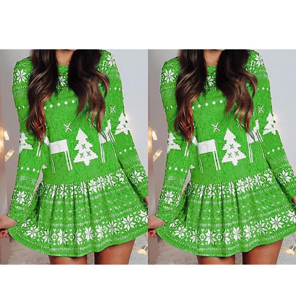 

casual dresses autumn women christmas print dress o neck ladies vacation long sleeve snowflake xmas tree short vestidos, Black;gray