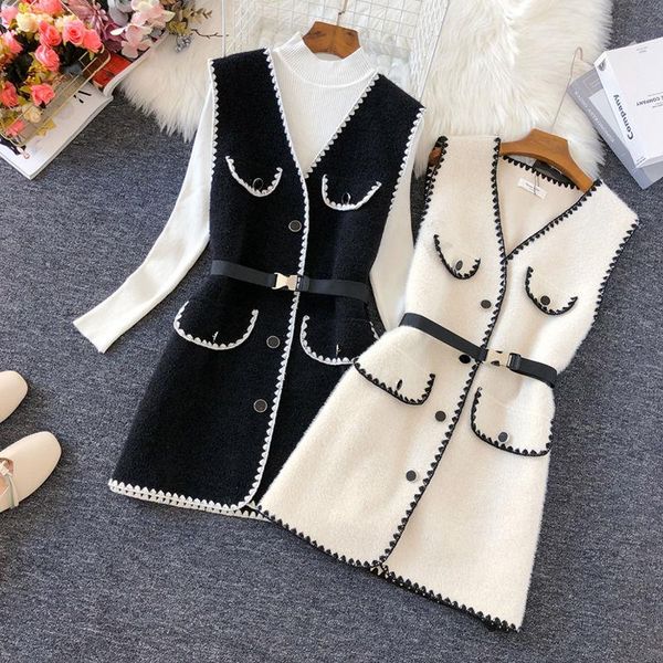 

women's vests chic elegant woolen vest jacket women vintage sleeveless single breasted sweater waistcoat fashion casual slim knit outwe, Black;white