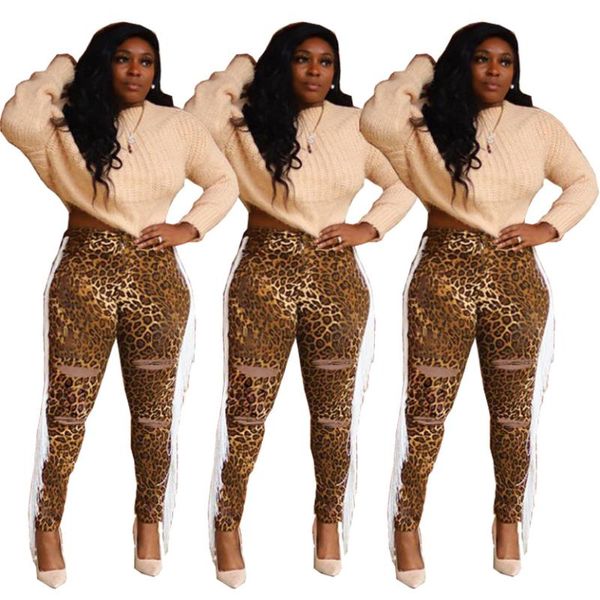 

european and american women's clothing personality burnt flower leopard print fringed jeans pants & capris, Black;white