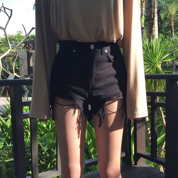 

women's shorts denim summer 2021 new fashion net red hole black high waist slim super short pants, White;black
