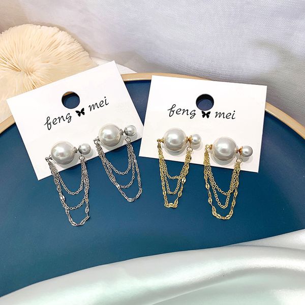 

chain pearl fashion temperament advanced sense earrings creative personality two earrings for women, Silver