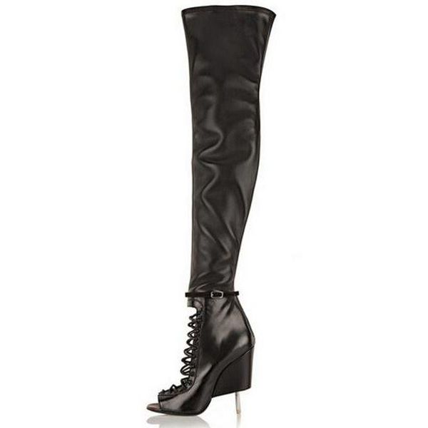 

boots ankle buckle strap over the knee peep toe cut-outs back zipper thigh high strange style stiletto heel, Black