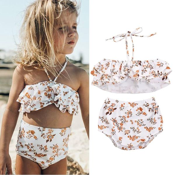 

clothing sets summer baby girl clothes two piece swimwear floral bikini suit hanging neck crop high waist triangle panties, White