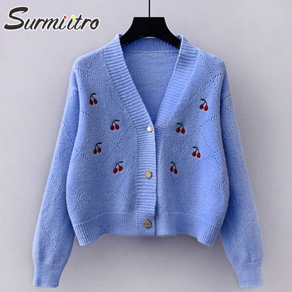 SURMIITRO Dolce Crop Cardigan Donna Autunno Inverno Blu Ciliegia Ricamo Maglieria Manica Lunga Maglione Corto Femminile Lavorato A Maglia 210712