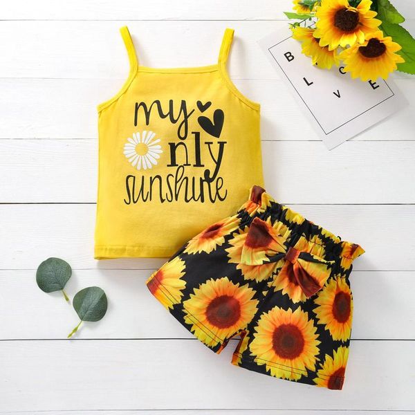 

clothing sets 0-6y kids girl set summer letter print sleeveless vest 2pcs bow shorts outfits niÃ±a meisjes kleding, White