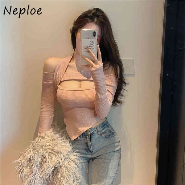 

neploe halter shoulder strapless knit t shirt women pullover long sleeve slim tees spring solid ladies 210510, White