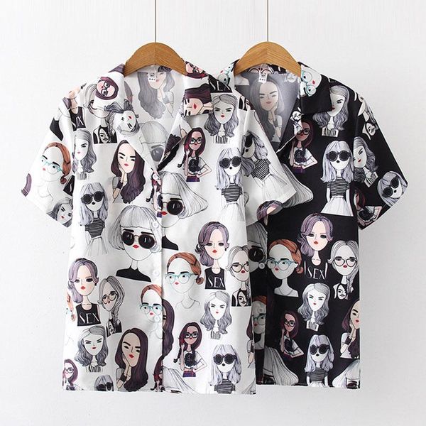 

women's blouses & shirts women retro cartoon portrait print short sleeve loose chiffon for summer tc21, White